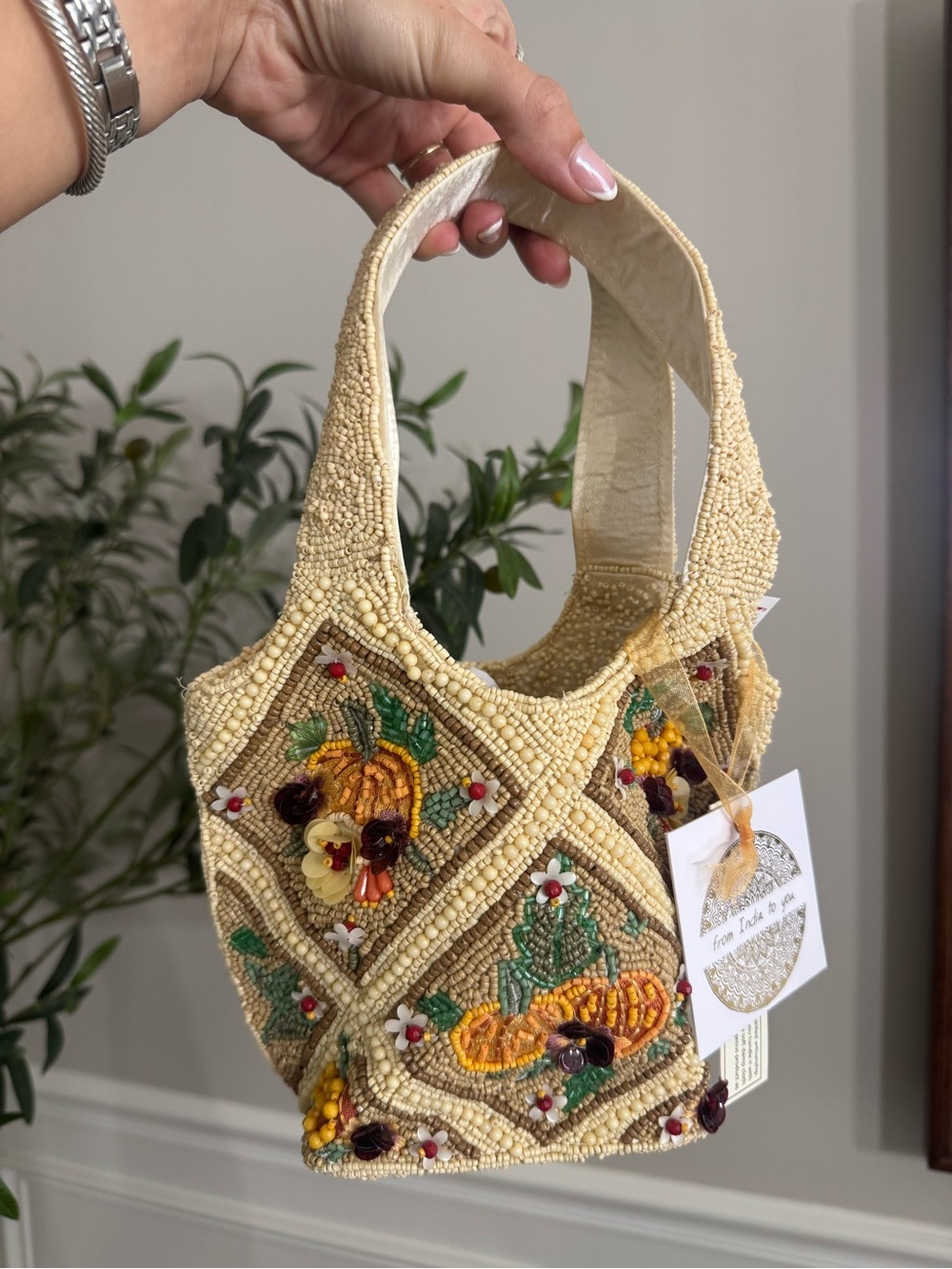 T.J.Maxx Beaded Floral Tote in Ivory and Yellow